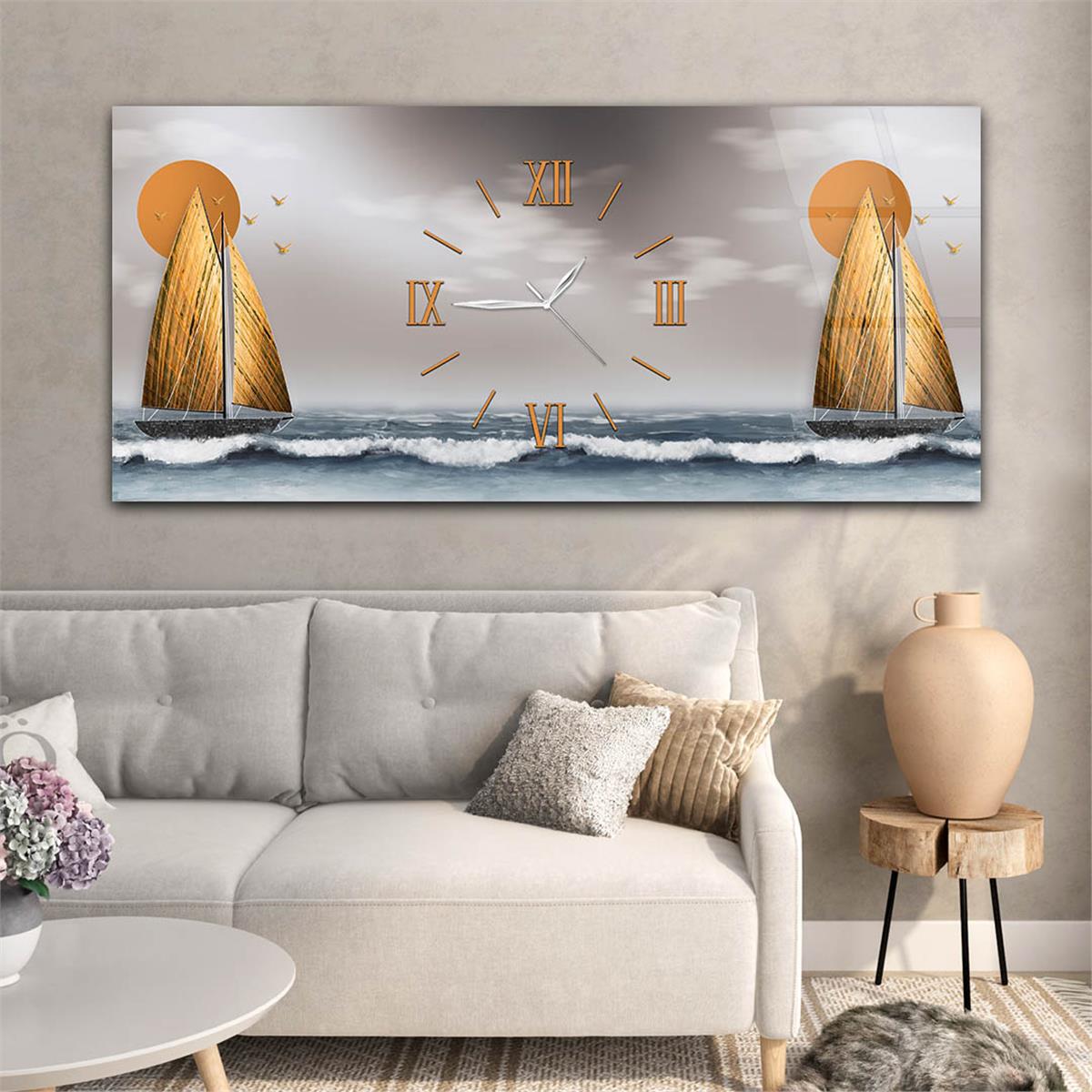 Yatay Ortadan Saatli  Sanat ve Doğa Temalı Cam Tablo 080