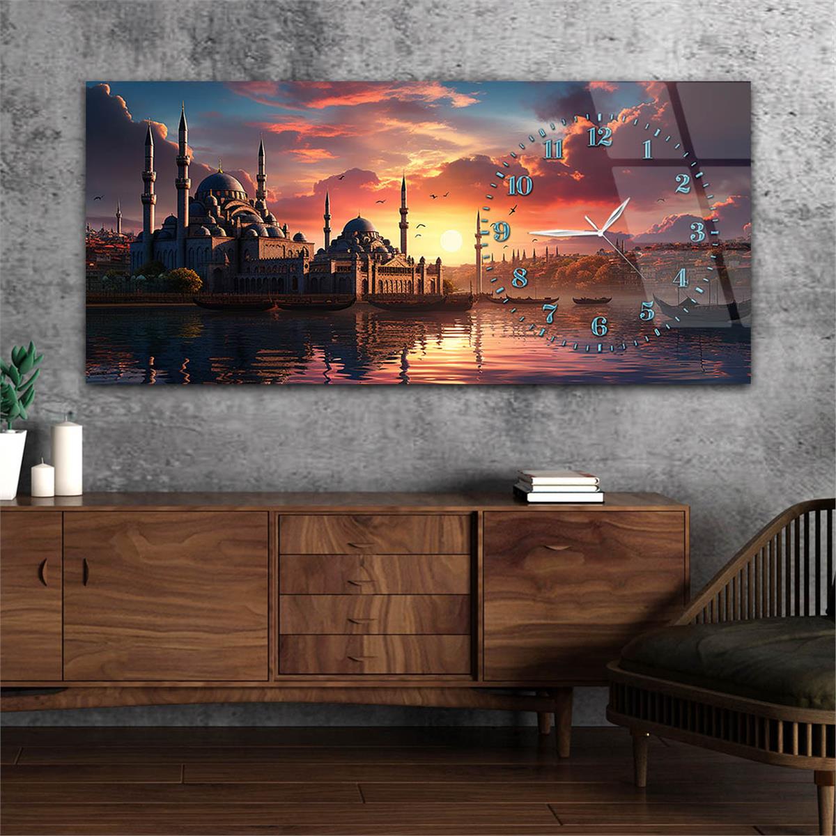 Yatay Saatli Yandan Dini Temalı Cam Tablo 084