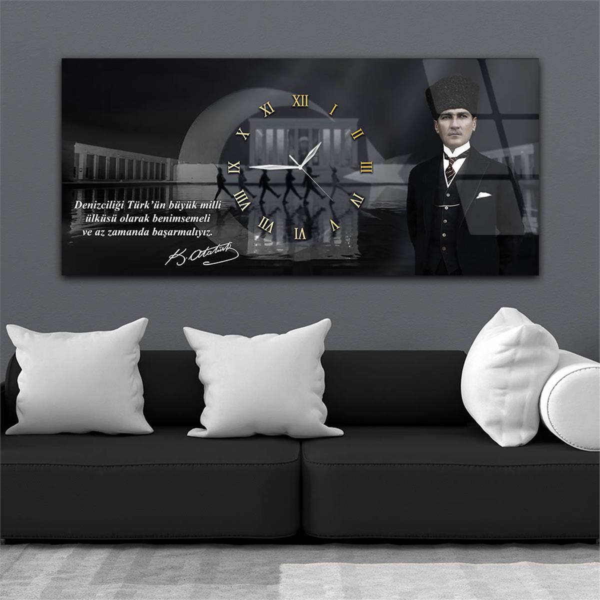 Yatay Saatli Ortadan Vatan Temalı Cam Tablo 154
