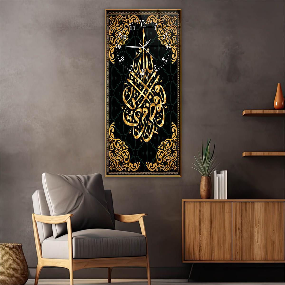 Vertical Religious Themed Glass Wall Art with Clock at the Top  025
