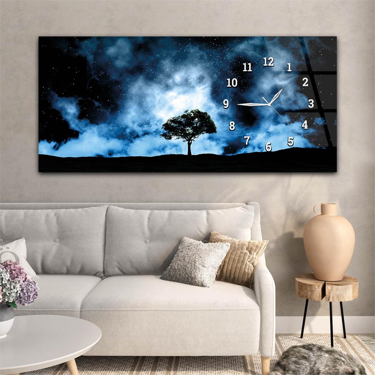 Night Sky Stars Horizontaal, Aan De Zijkant Voorzien Van Een Klok, Kunst en Natuur Thema Gehard Glasschilderij 239