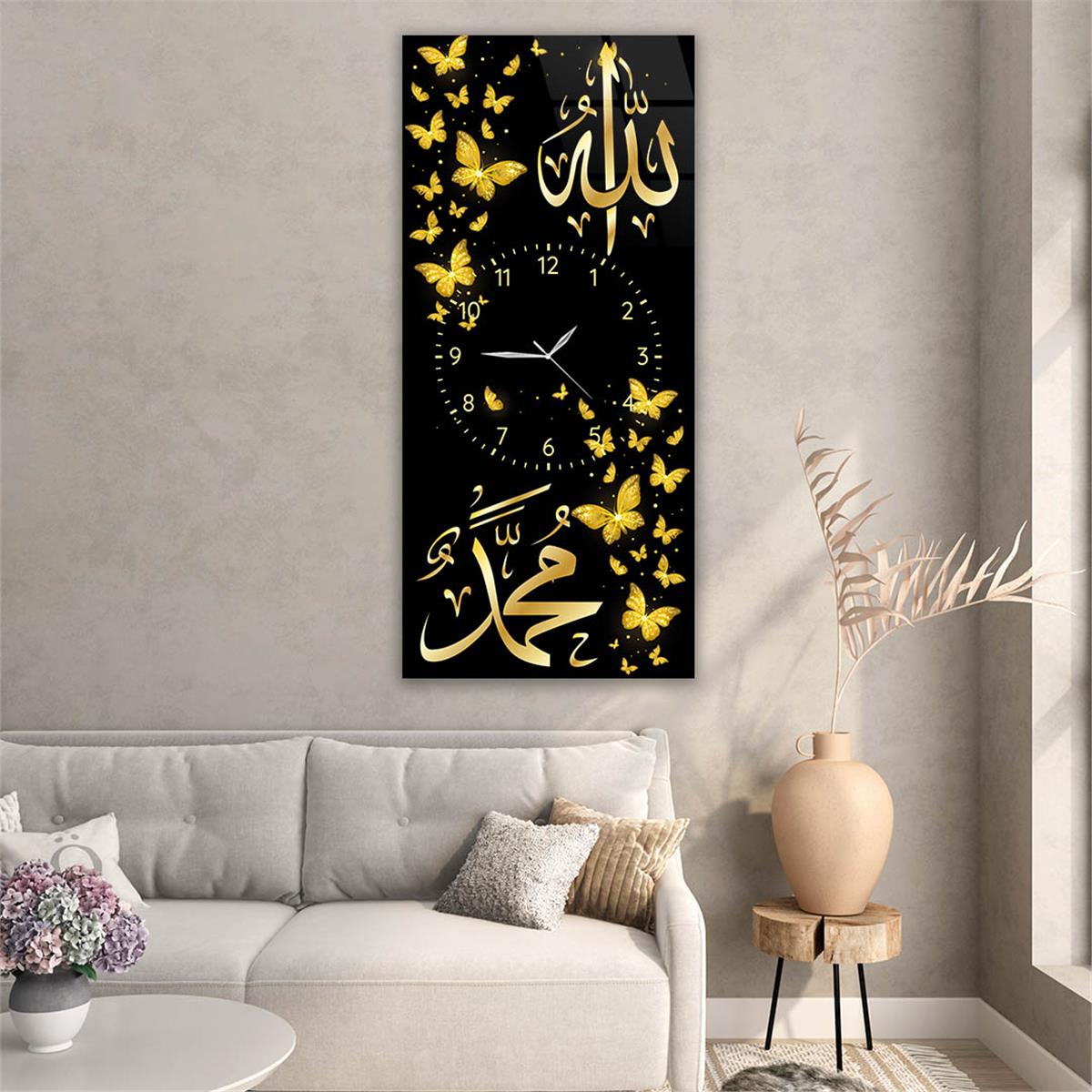 Vertical Religious Themed Glass Wall Art with Clock at the Center 011