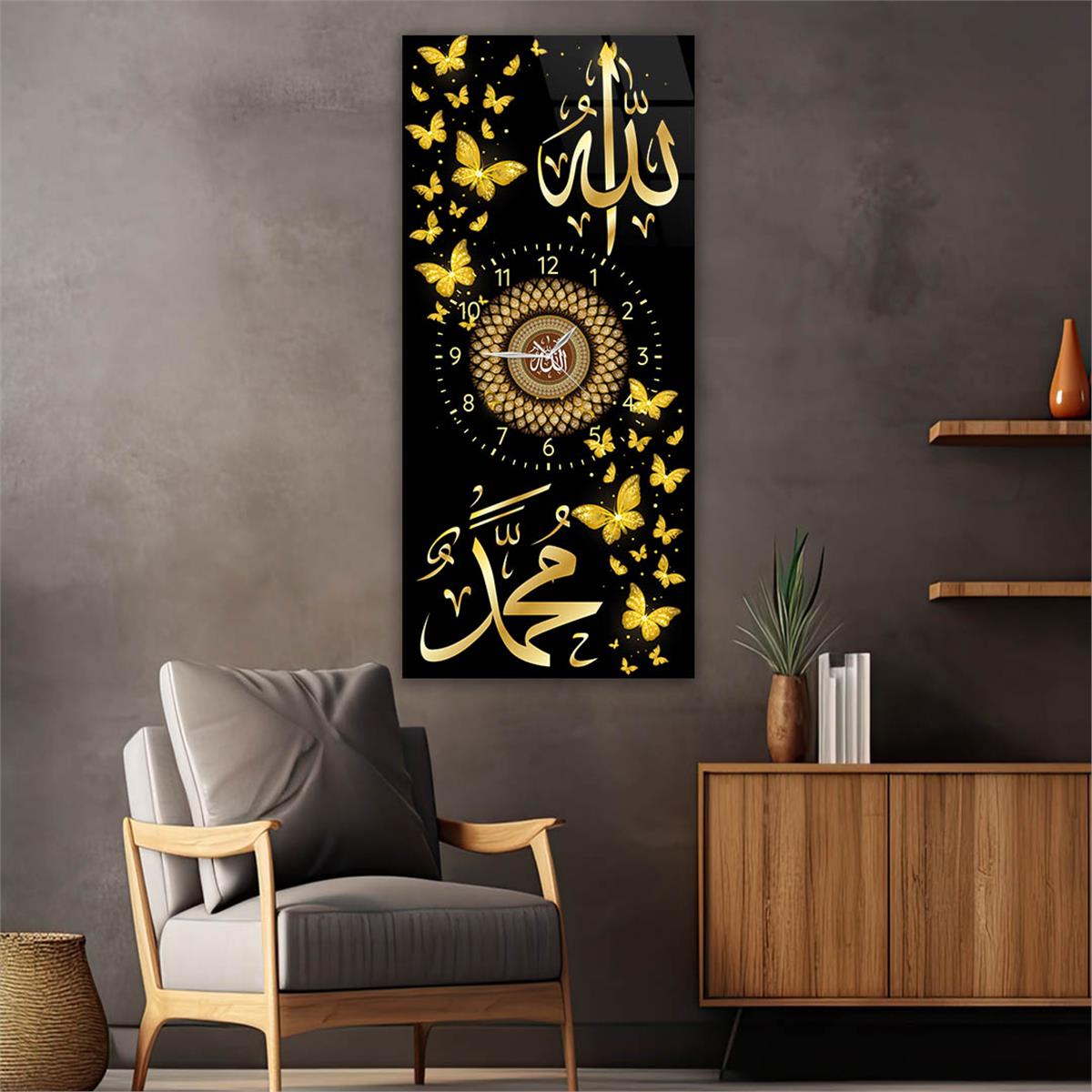 Vertical Religious Themed Glass Wall Art with Clock at the Center 013