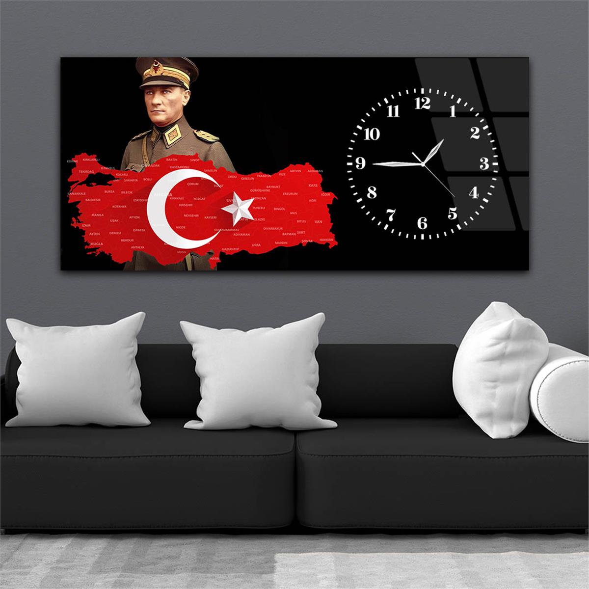 Yatay Saatli Yandan Vatan Temalı Cam Tablo 031