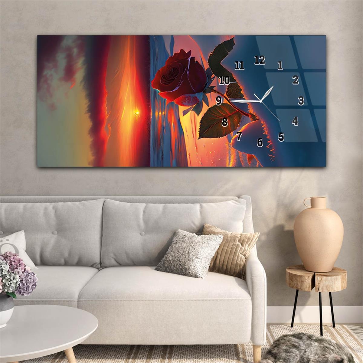 Yatay Saatli Yandan Sanat ve Doğa Temalı Cam Tablo 222