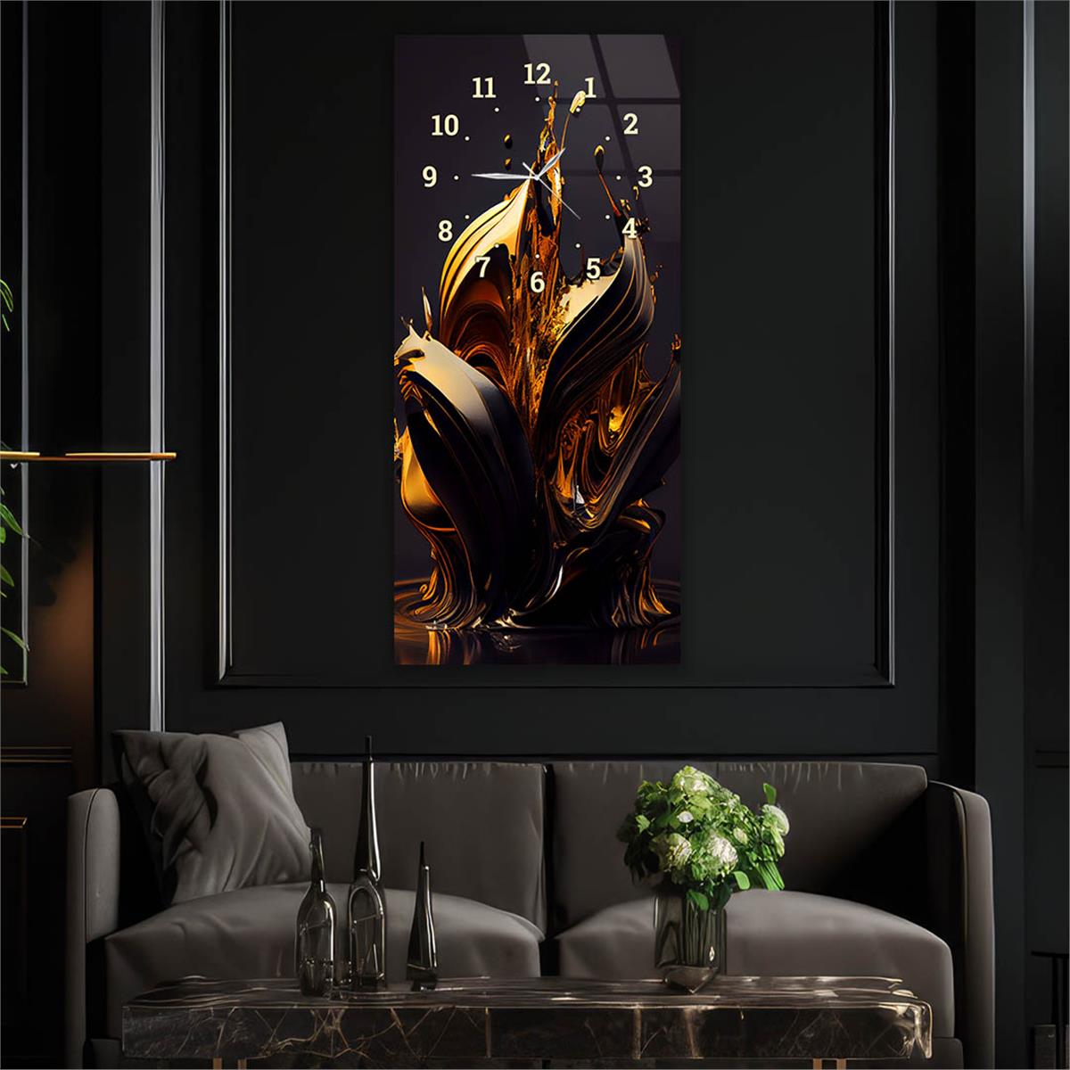 Verticale, Aan De Boven Kant Voorzien Van Een Klok, Kunst en Natuur Thema Gehard Glasschilderij 032