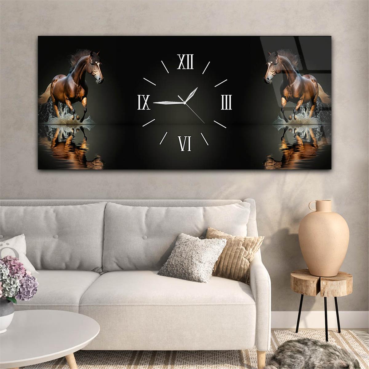 Yatay Ortadan Saatli  Sanat ve Doğa Temalı Cam Tablo 048