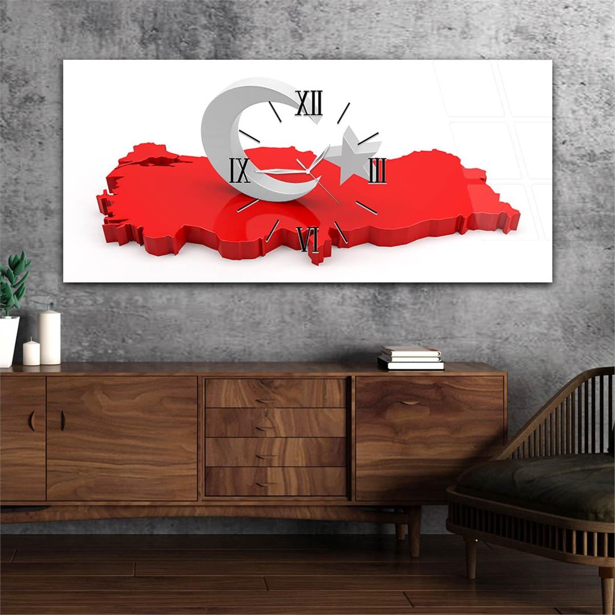Kırmızı Türkiye Haritası ve Ay-Yıldız Yatay Ortadan Saatli  Vatan Temalı Cam Tablo 081