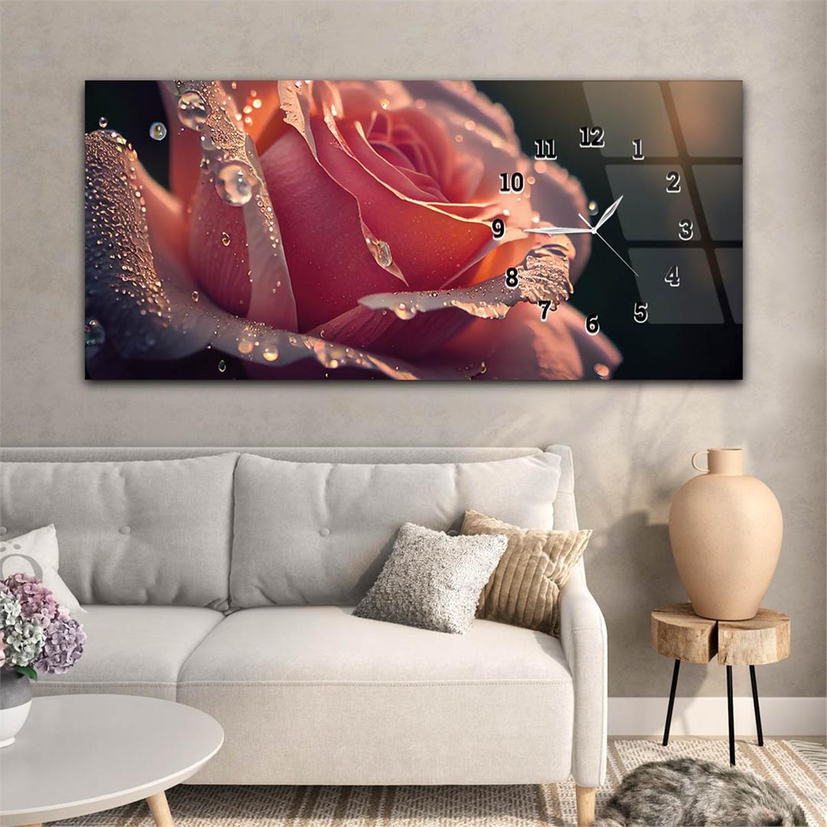 Yatay Saatli Yandan Sanat ve Doğa Temalı Cam Tablo 197