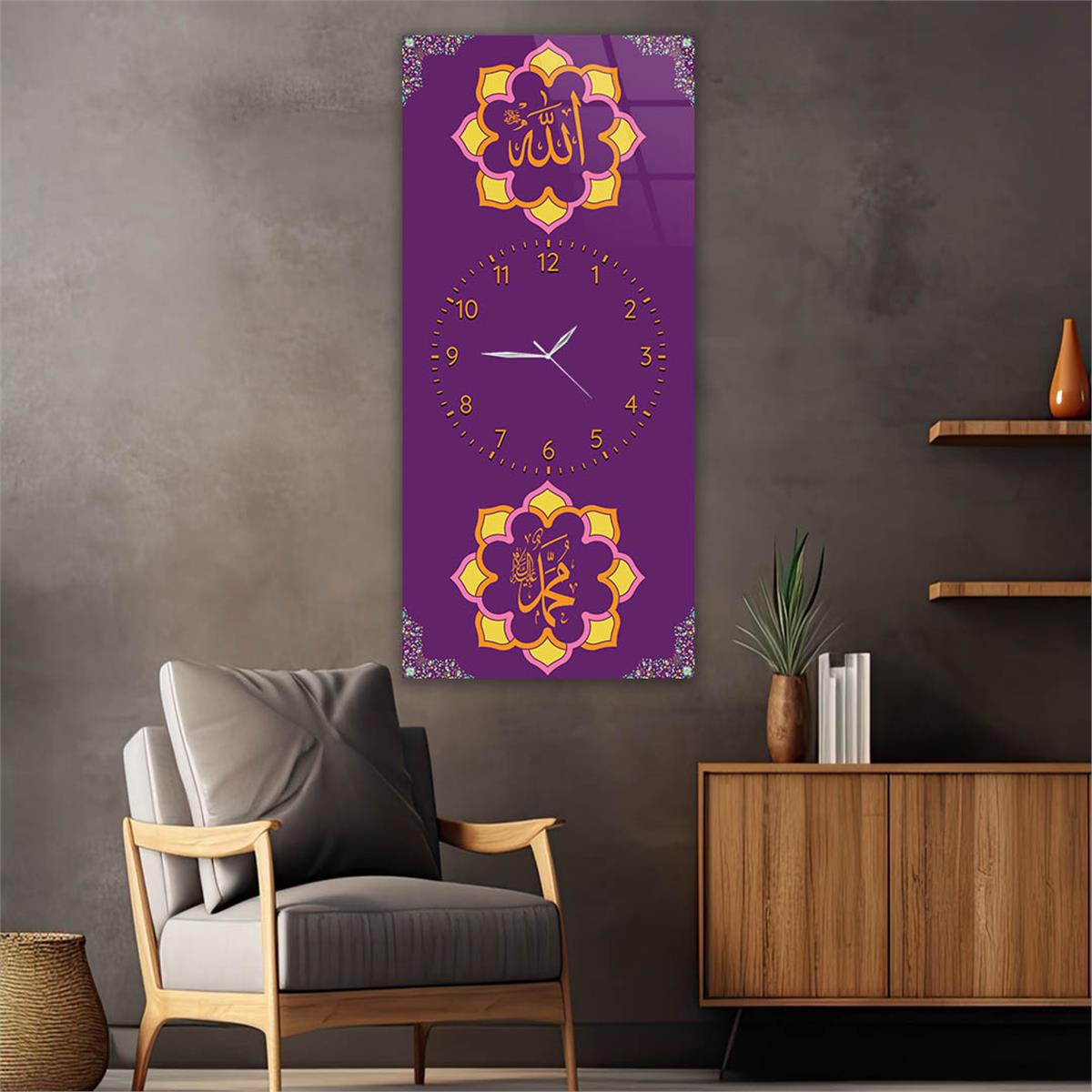 Vertical Religious Themed Glass Wall Art with Clock at the Center 009