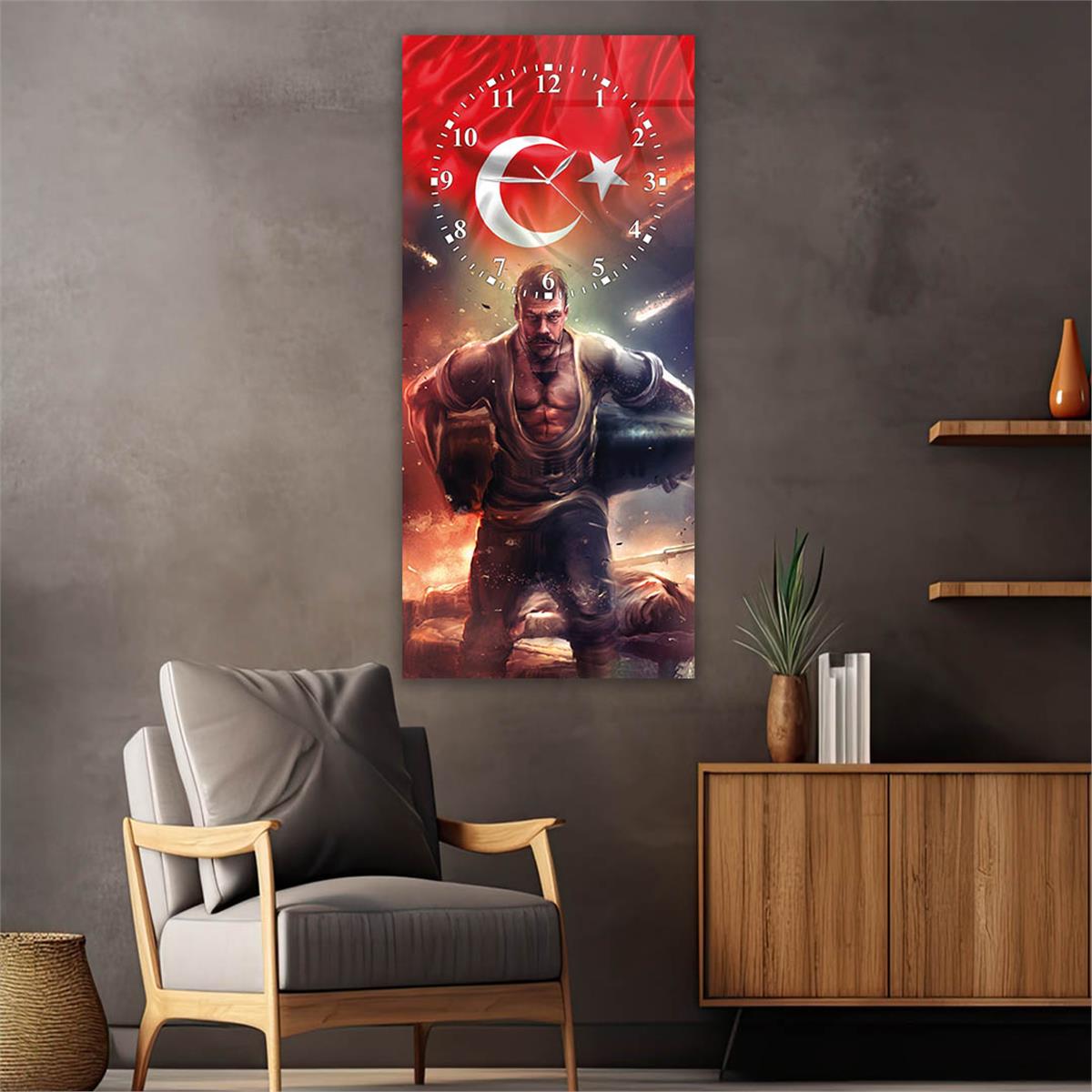 Vertical National Themed Glass Wall Art with Clock at the Top 001