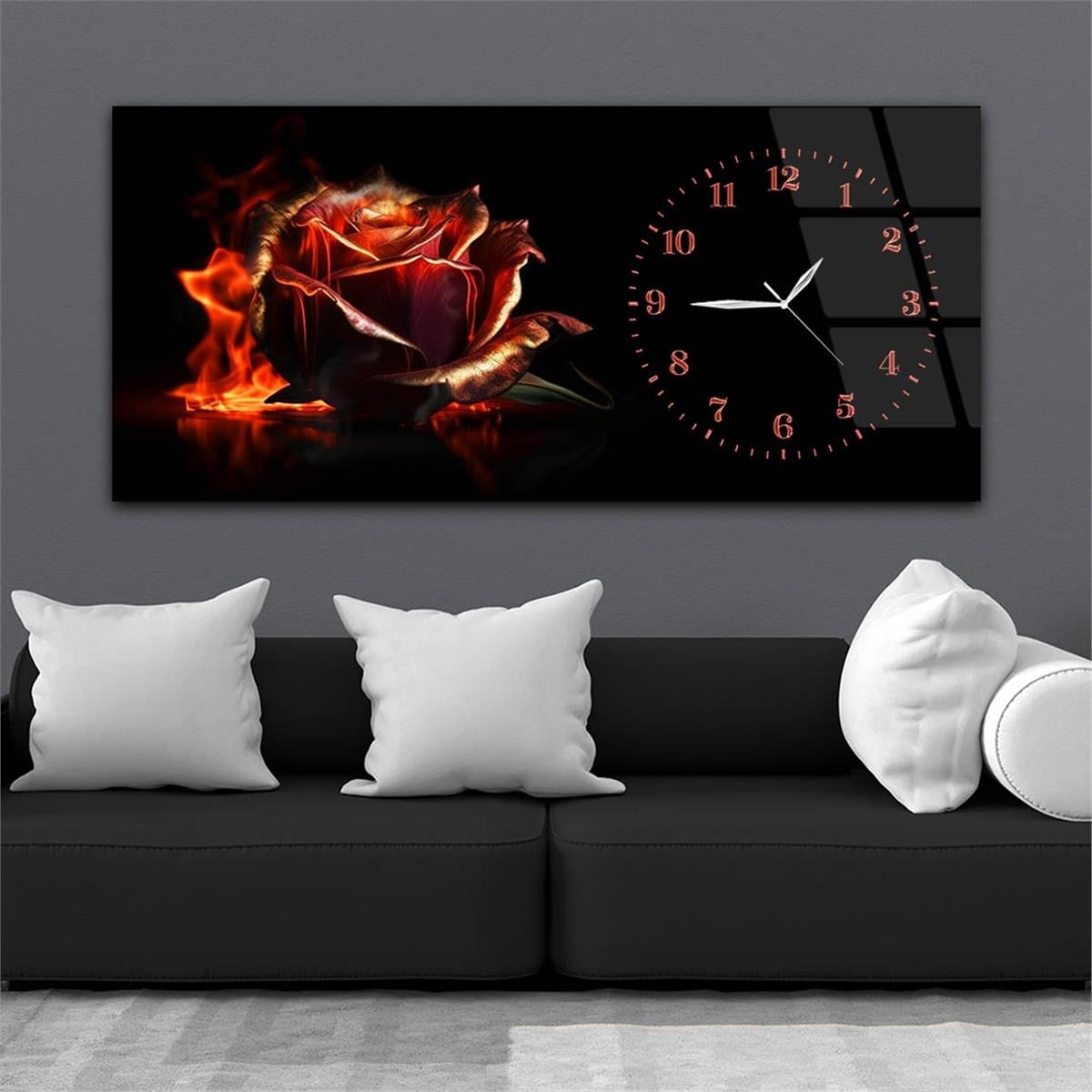 Yatay Saatli Yandan Sanat Temalı Cam Tablo 262