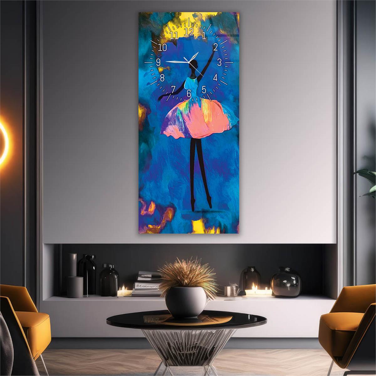 Dikey Üstten Saatli Sanat Temalı Cam Tablo 062