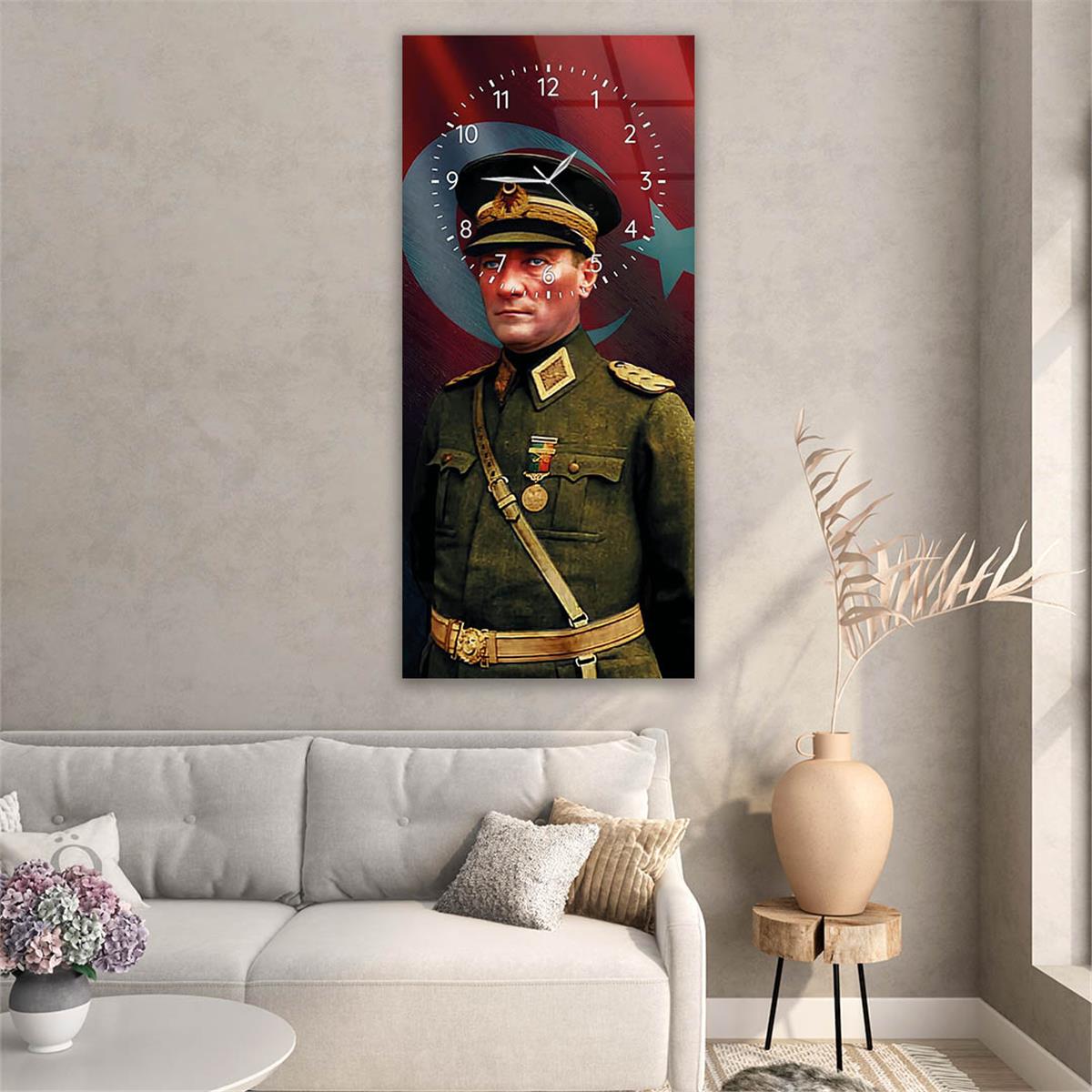 Vertical National Themed Glass Wall Art with Clock at the Top 003