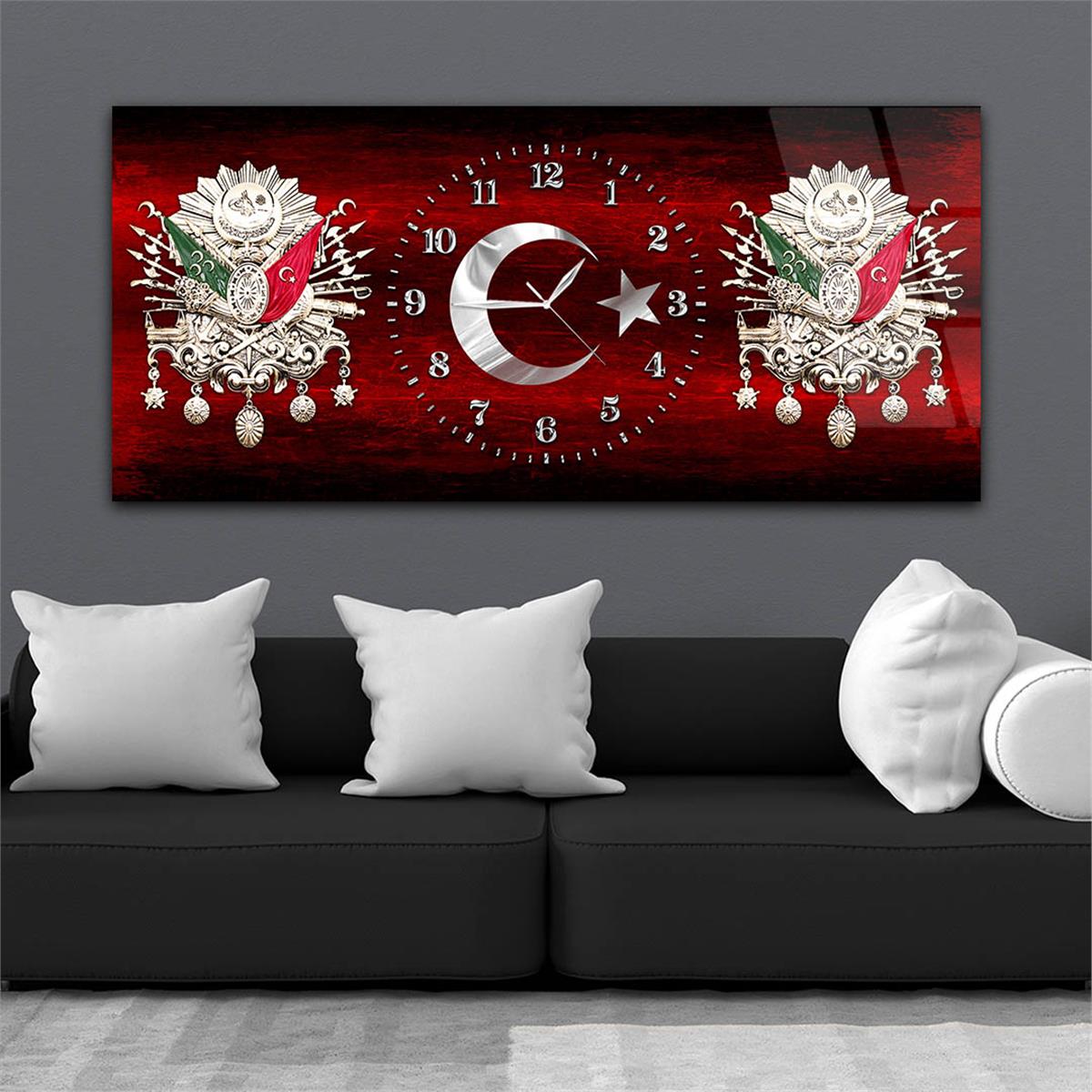 Yatay Saatli Ortadan Vatan Temalı Cam Tablo 150