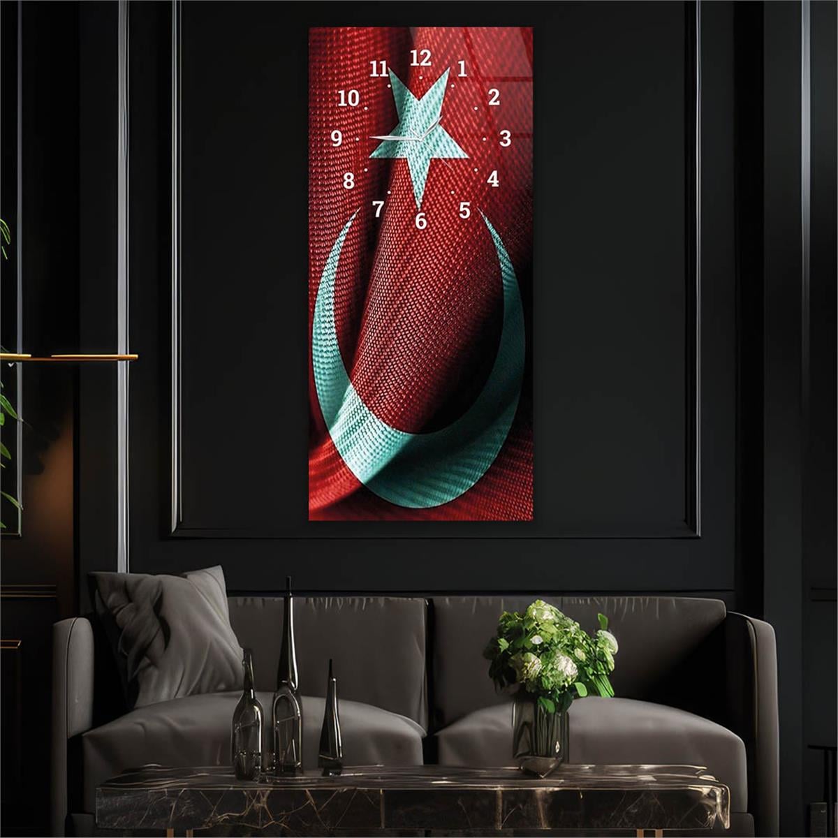 Vertical National Themed Glass Wall Art with Clock at the Top 002