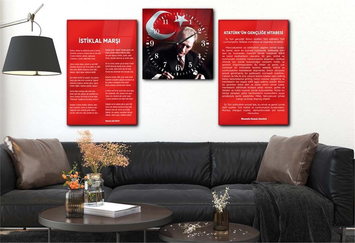 Atatürk, Independence March, and Youth Address Glass Wall Art Set with Clock