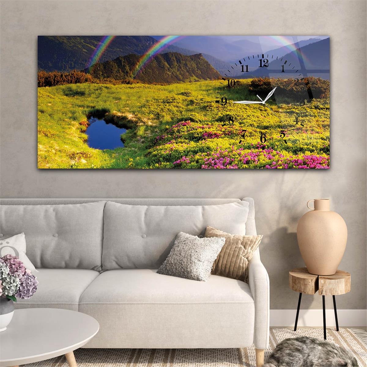 Yatay Saatli Yandan Sanat ve Doğa Temalı Cam Tablo 084