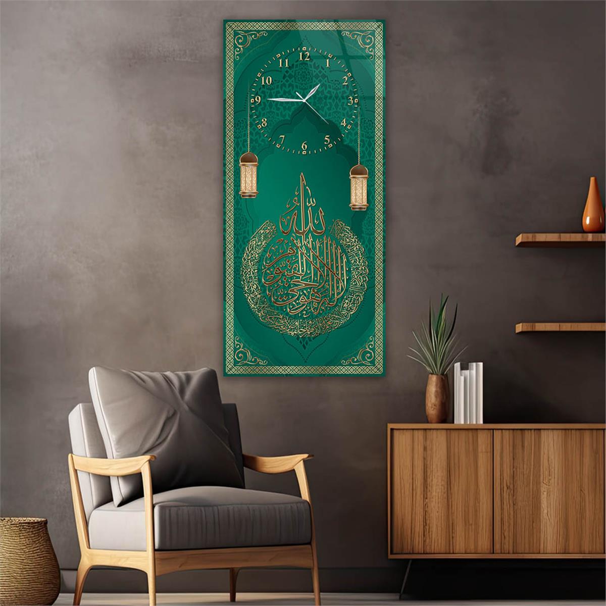 Vertical Religious Themed Glass Wall Art with Clock at the Top  050