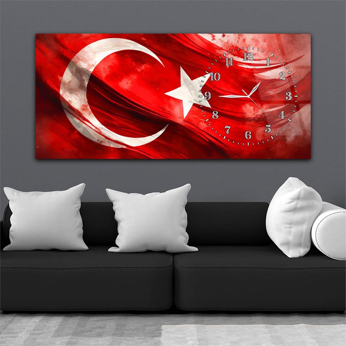 Yatay Saatli Yandan Vatan Temalı Cam Tablo 028