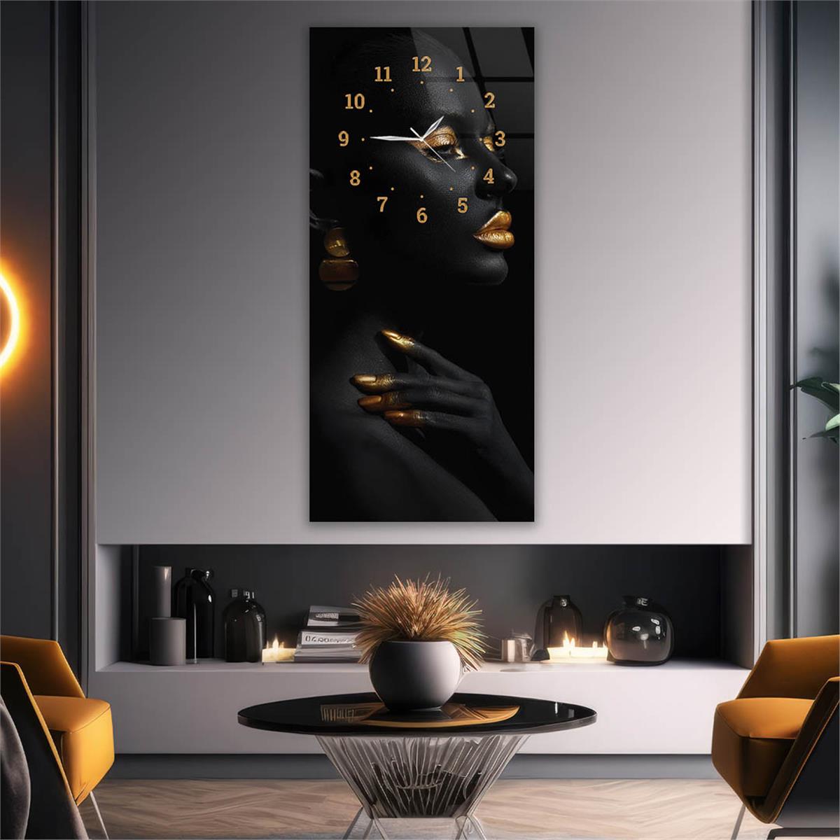 Dikey Üstten Saatli Sanat Temalı Cam Tablo 077