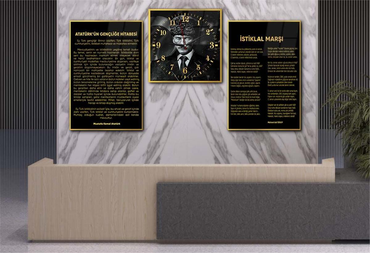 Atatürk and Independence March Glass Wall Art Set with Clock