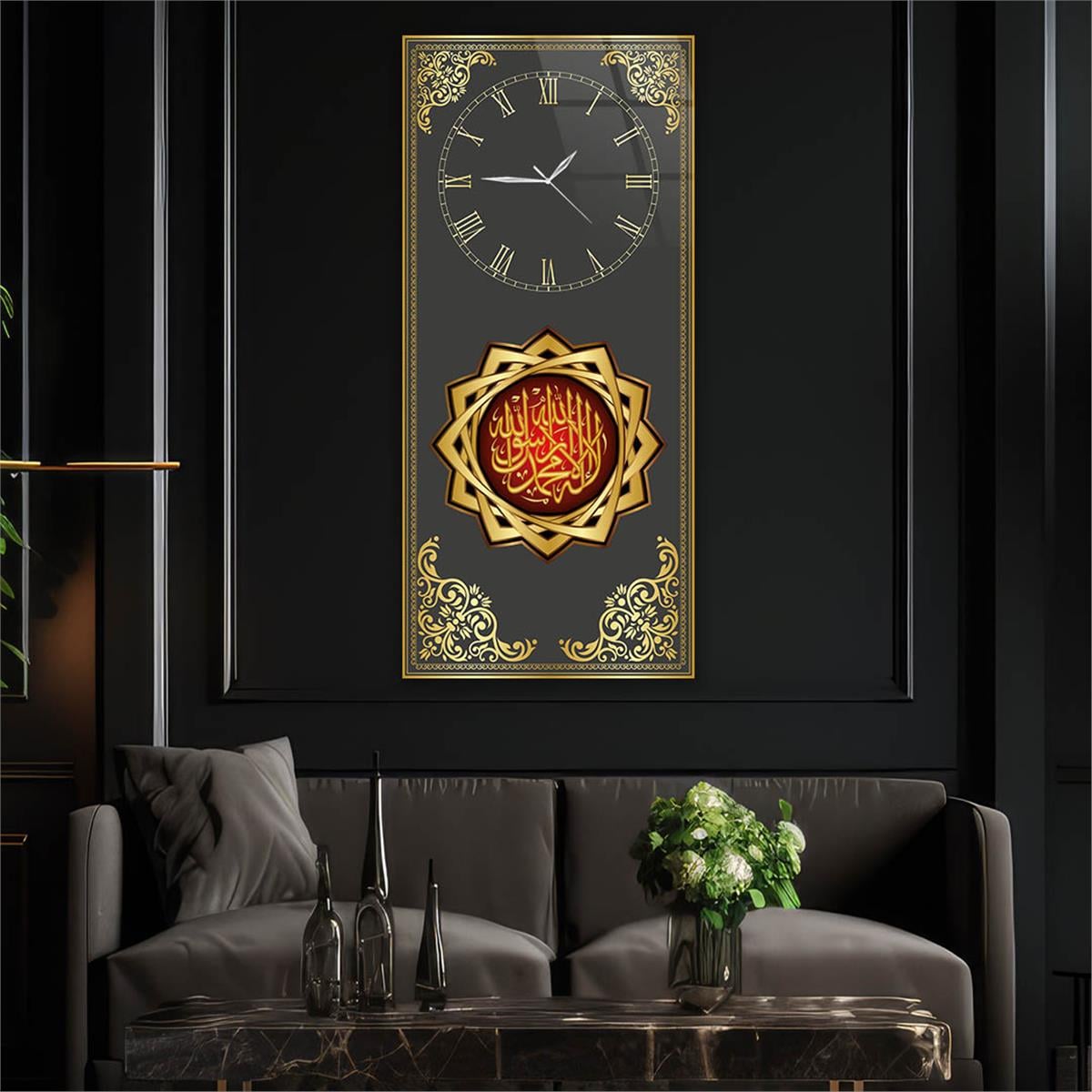 Vertical Religious Themed Glass Wall Art with Clock at the Top  029