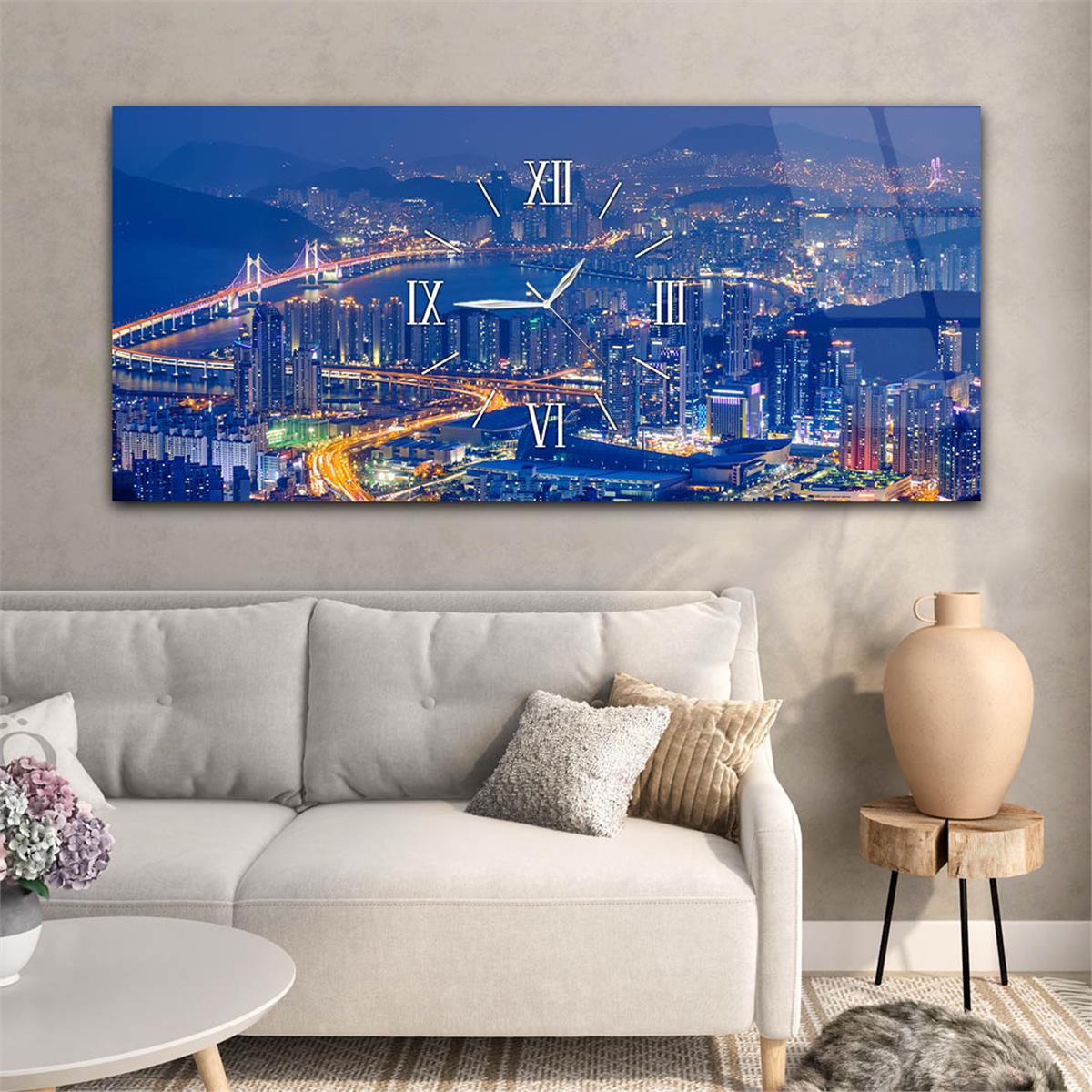 Yatay Ortadan Saatli  Sanat ve Doğa Temalı Cam Tablo 055
