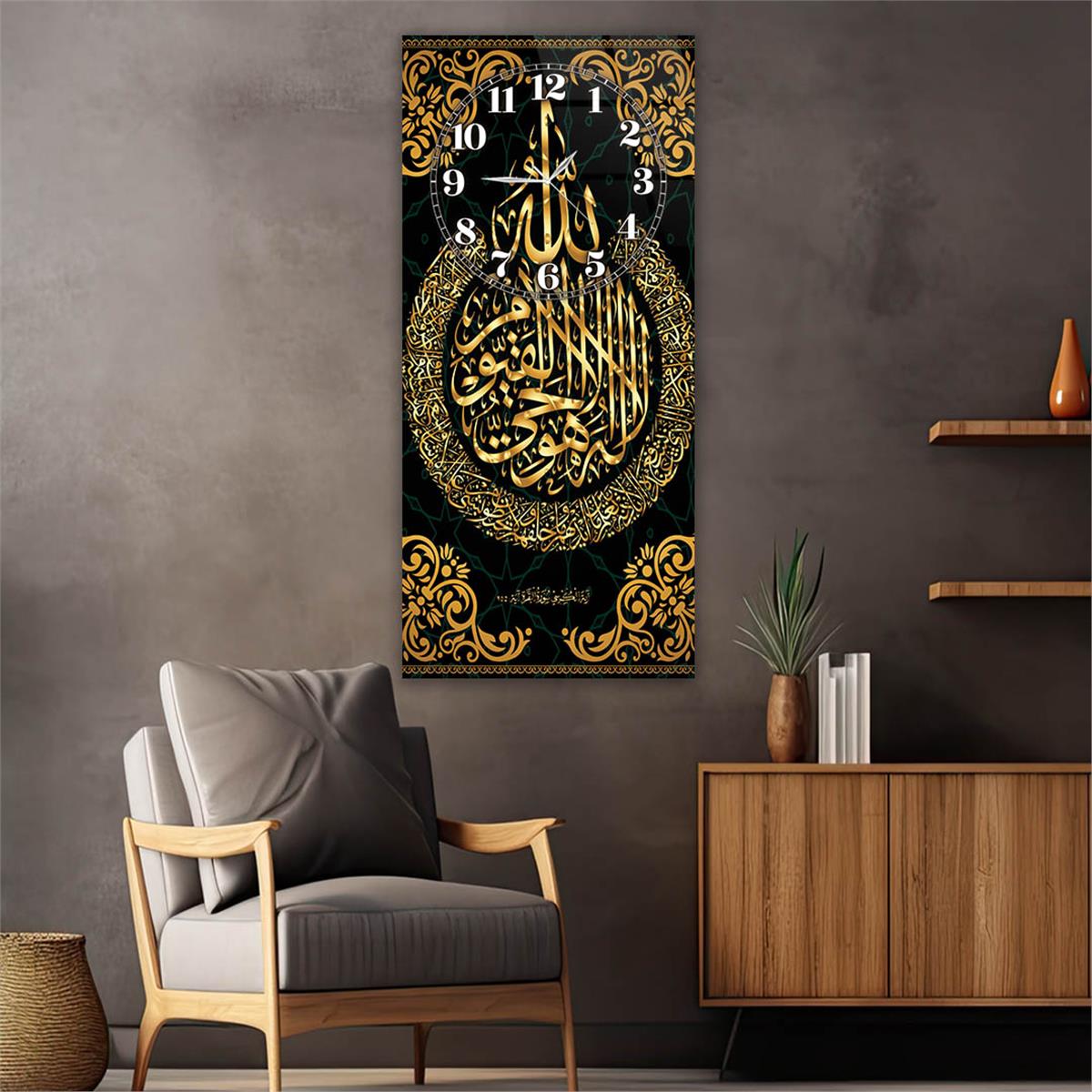 Vertical Religious Themed Glass Wall Art with Clock at the Top  003