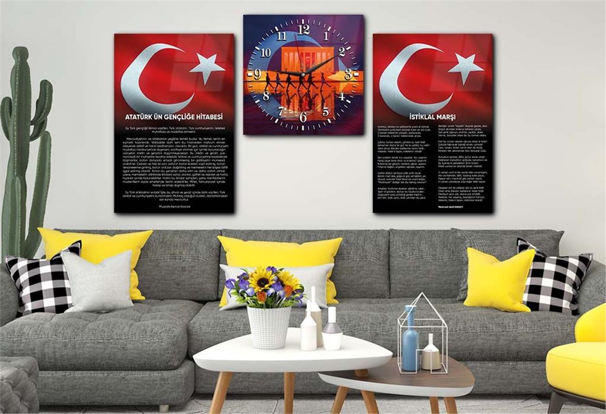 Atatürk and Independence March Glass Wall Art Set with Clock