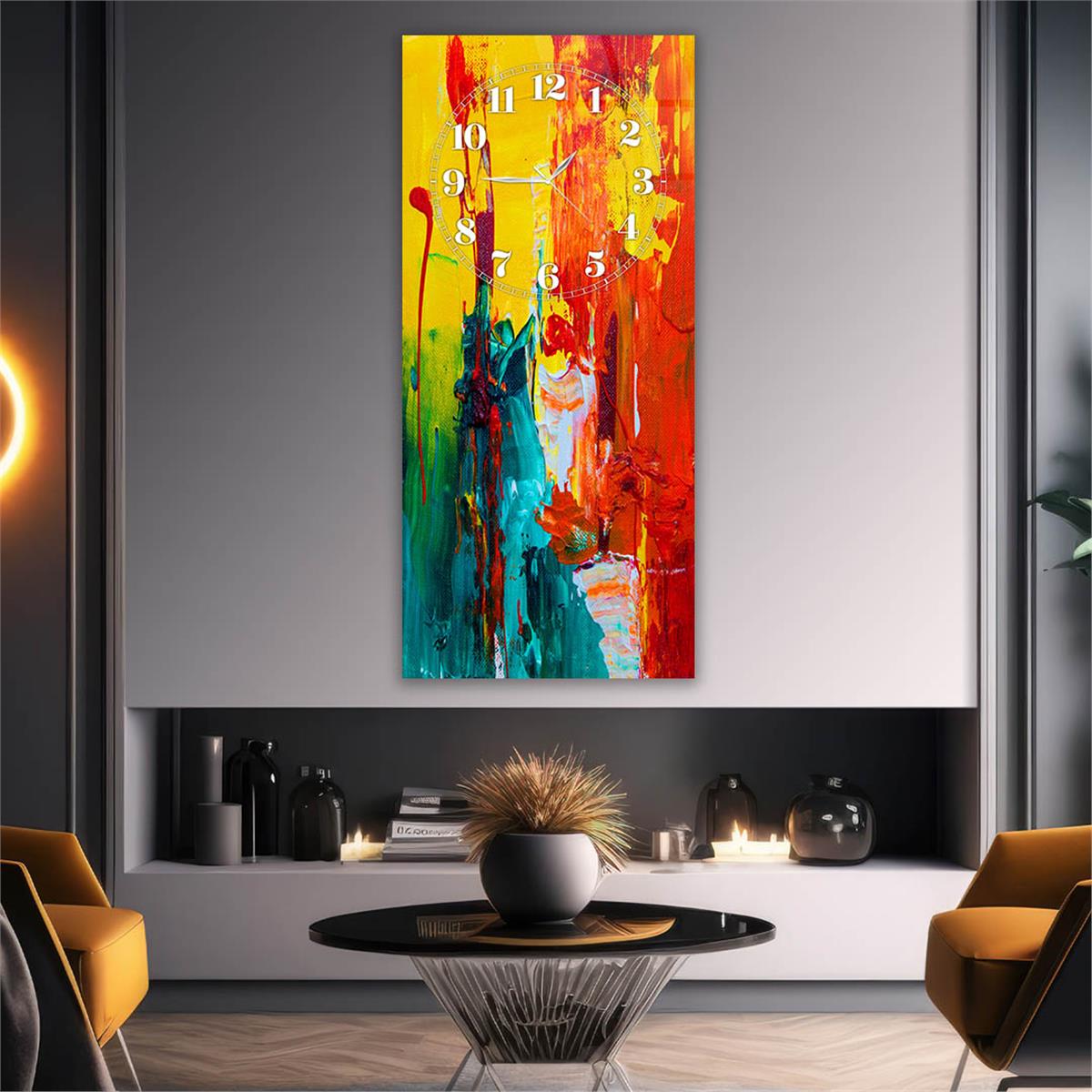 Dikey Üstten Saatli Sanat Temalı Cam Tablo 013