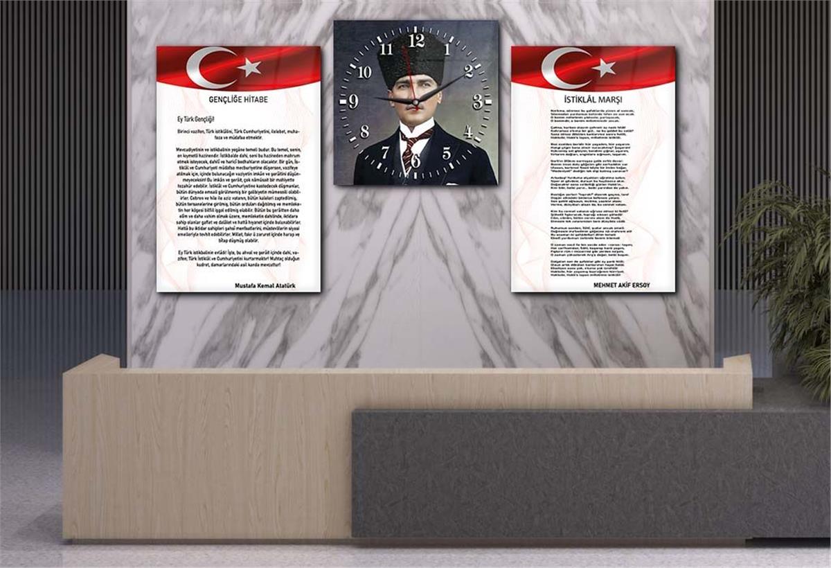 Atatürk and Independence March Glass Wall Art Set with Clock