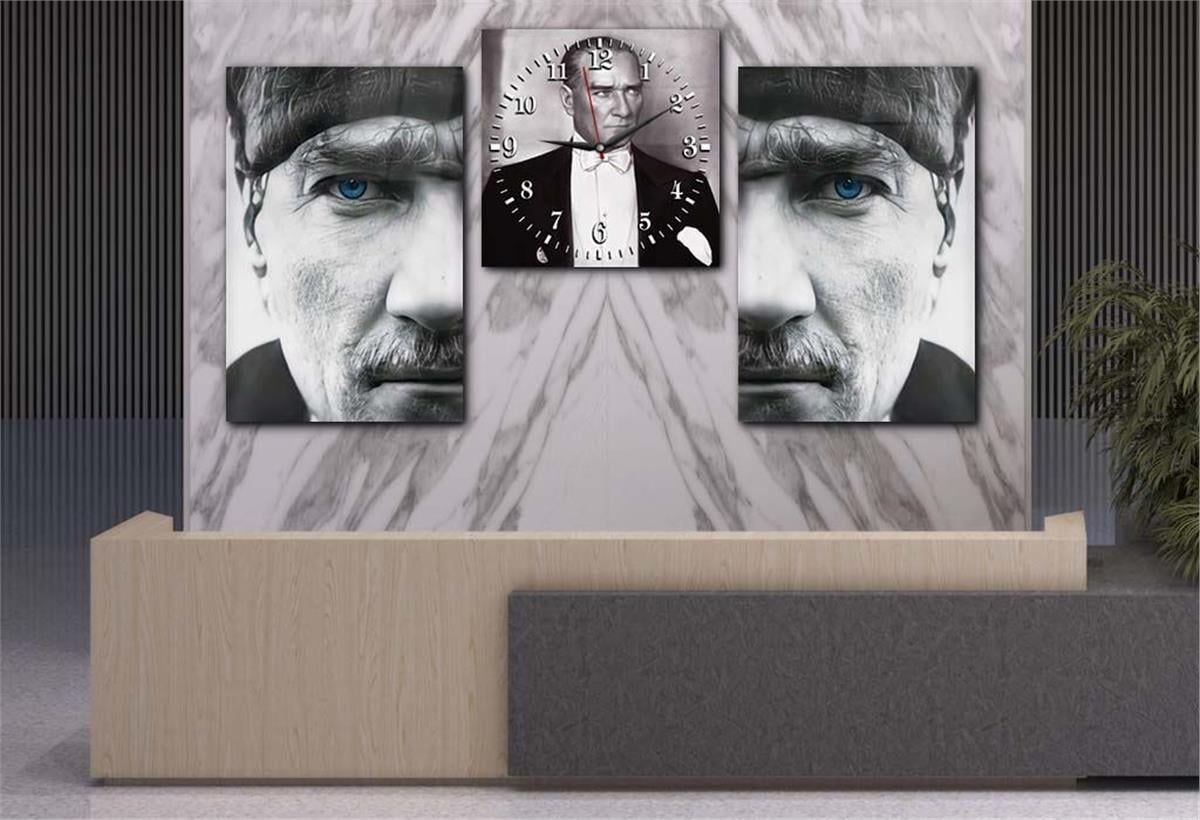 MUSTAFA KEMAL ATATÜK Tempered Glass Wall Art Set with Clock
