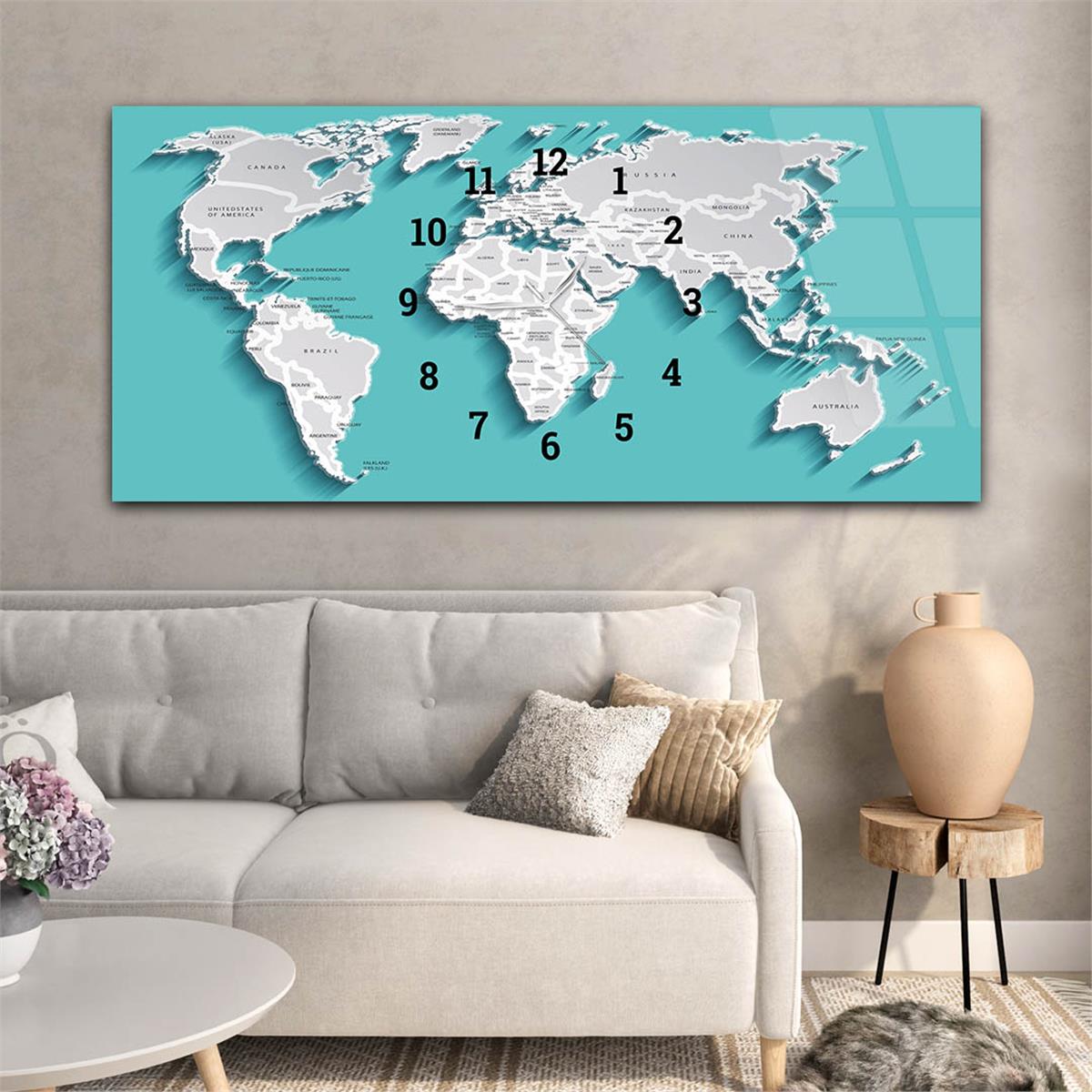 Yatay Saatli Ortadan Vatan Temalı Cam Tablo 094