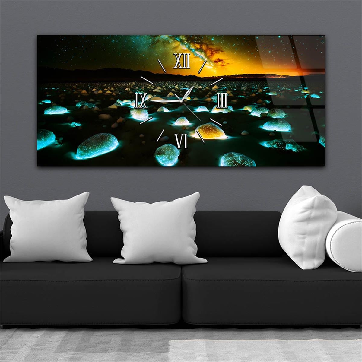 Yatay Ortadan Saatli  Sanat ve Doğa Temalı Cam Tablo 096