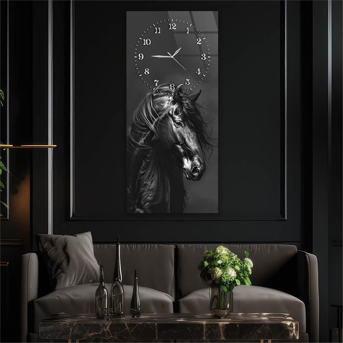 Dikey Üstten Saatli Sanat Temalı Cam Tablo 099