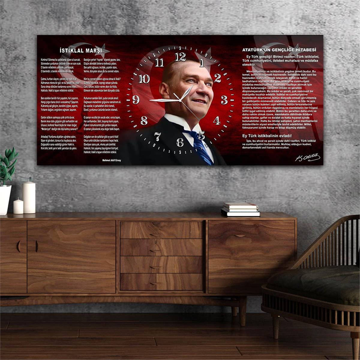 Yatay Saatli Ortadan Vatan Temalı Cam Tablo 144