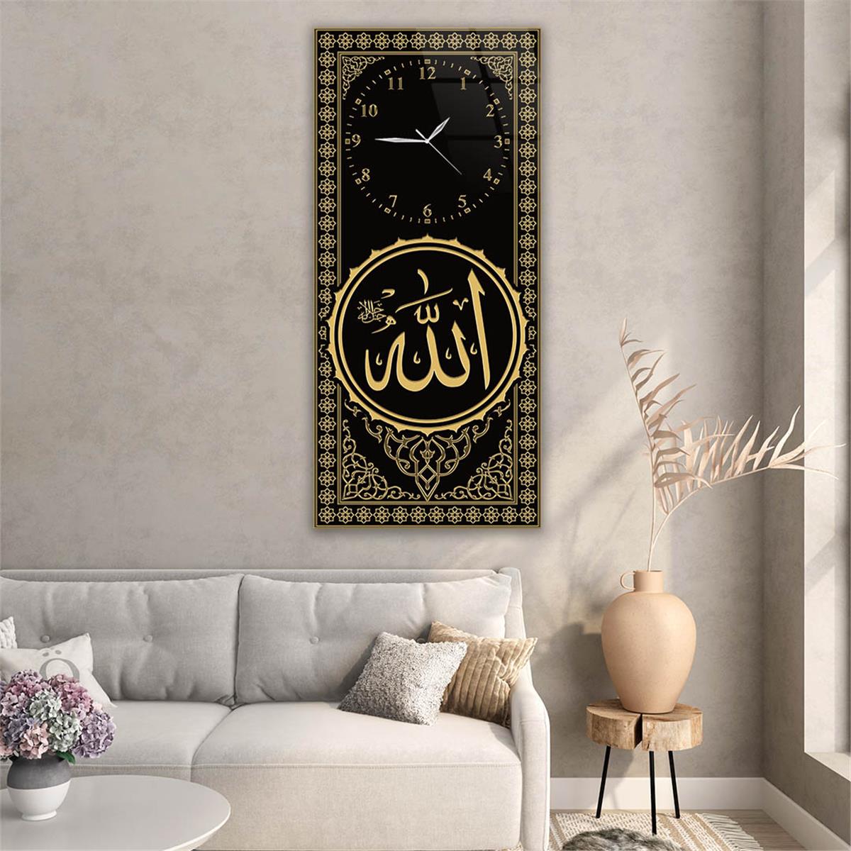 Dikey Üstten Saatli Dini Temalı Cam Tablo 010