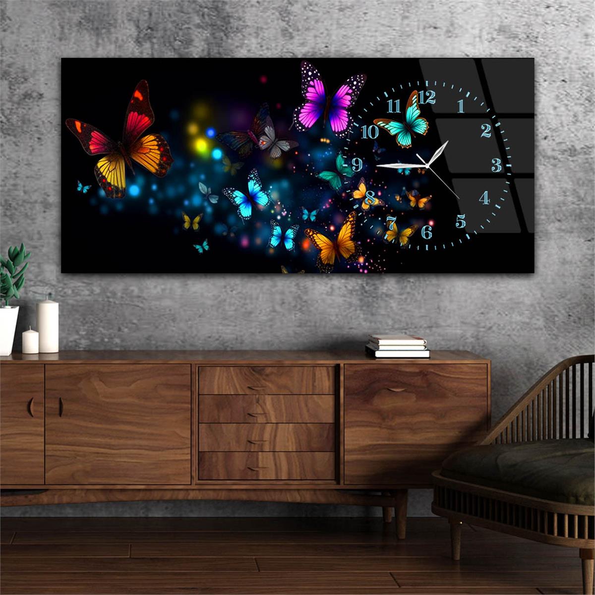 Yatay Saatli Yandan Sanat Temalı Cam Tablo 255