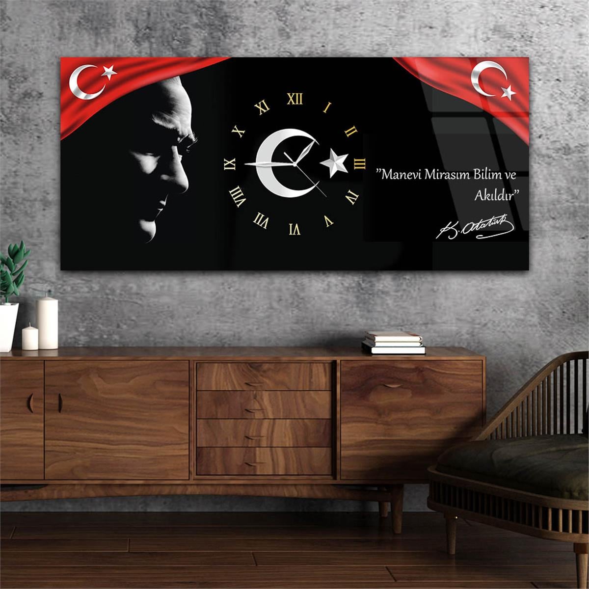 Yatay Ortadan Saatli  Vatan Temalı Cam Tablo 018