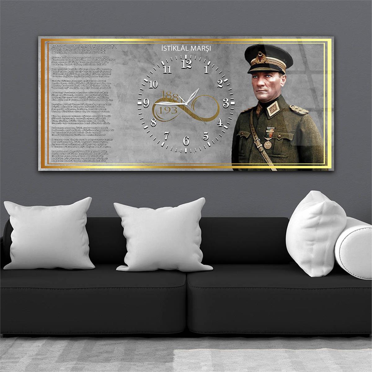 Yatay Ortadan Saatli  Vatan Temalı Cam Tablo 034