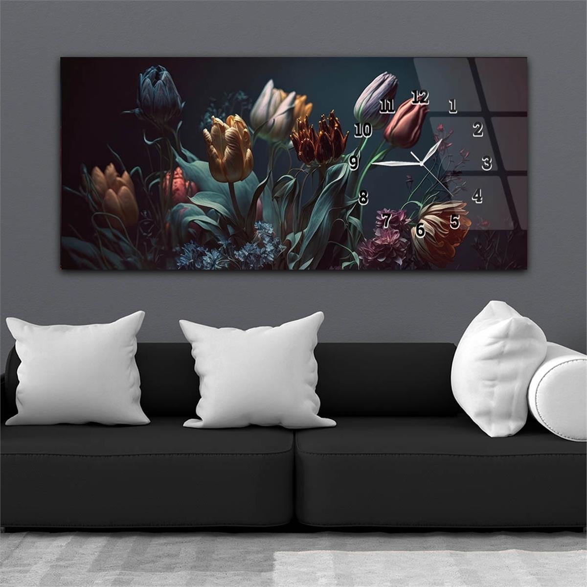 Yatay Saatli Yandan Sanat ve Doğa Temalı Cam Tablo 196