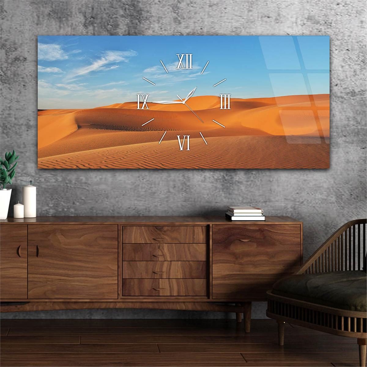 Yatay Ortadan Saatli  Sanat ve Doğa Temalı Cam Tablo 053