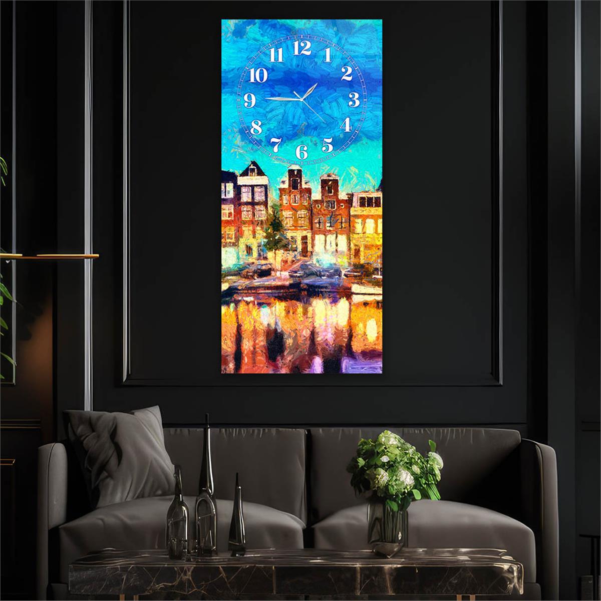 Dikey Üstten Saatli Sanat Temalı Cam Tablo 039