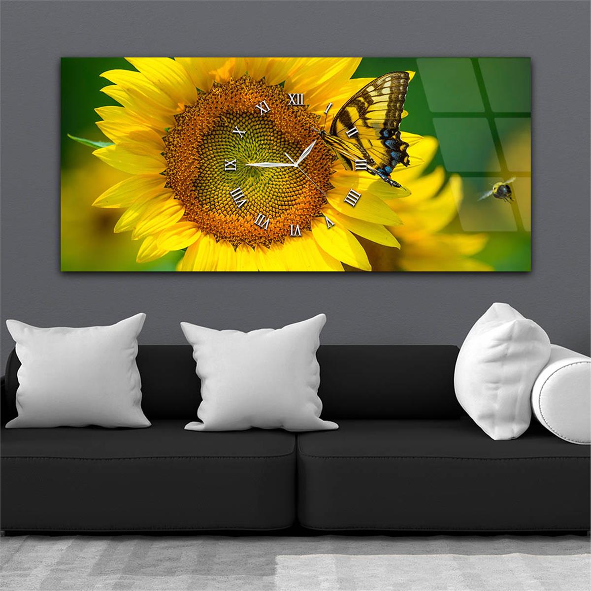 Horizontaal, in Het Midden Voorzien Van Een Klok, Kunst En Natuur Thema Gehard Glasschilderij 008