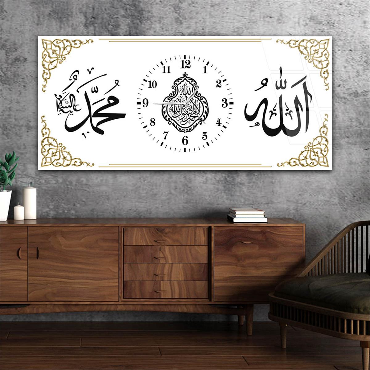 Yatay Saatli Ortadan Dini Temalı Cam Tablo 118