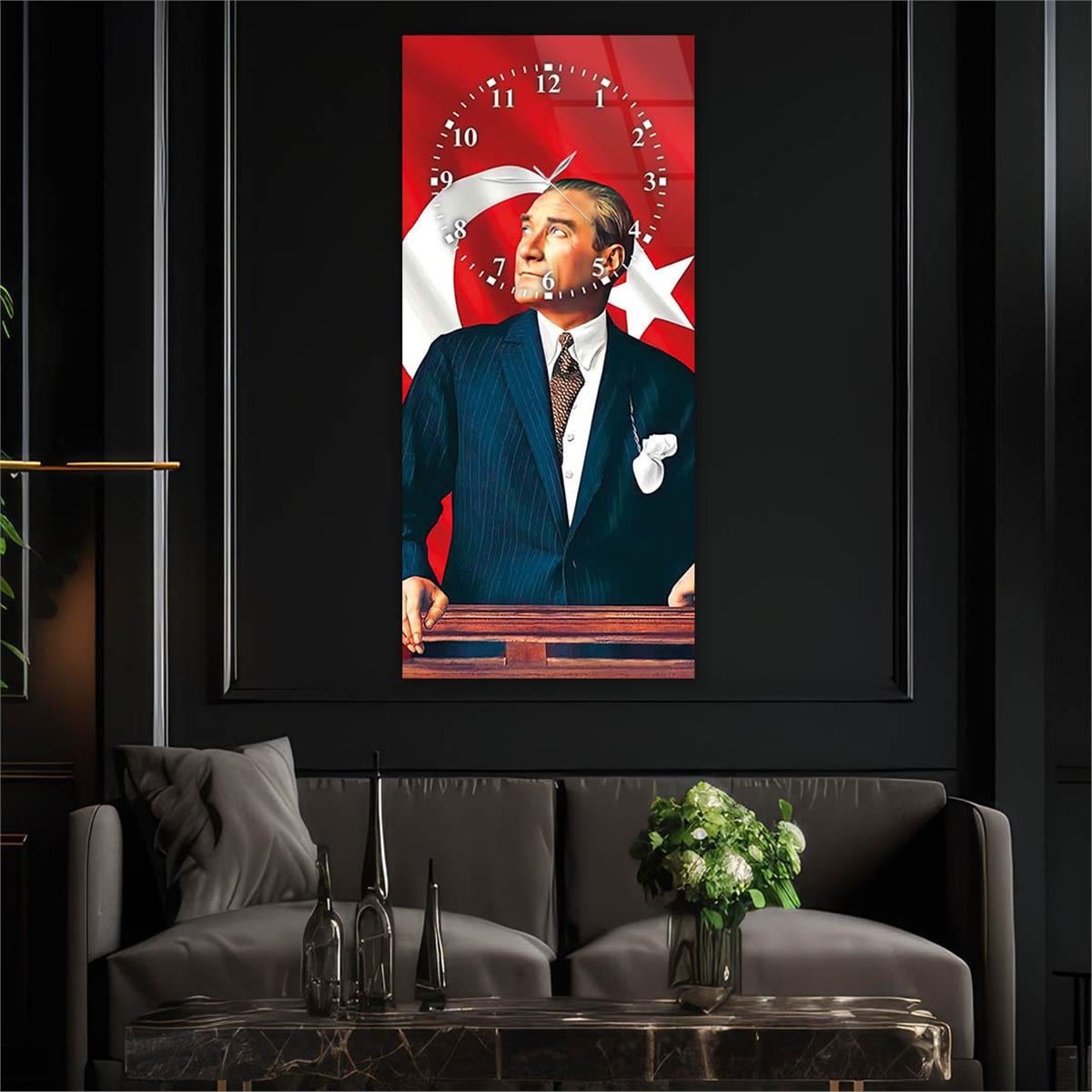 Vertical National Themed Glass Wall Art with Clock at the Top 004