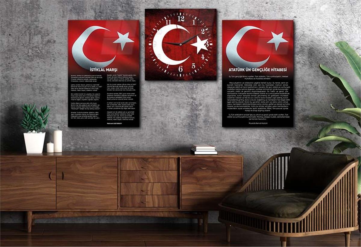 Independence March, Youth Address and Turkish Flag Glass Wall Art Set with Clock