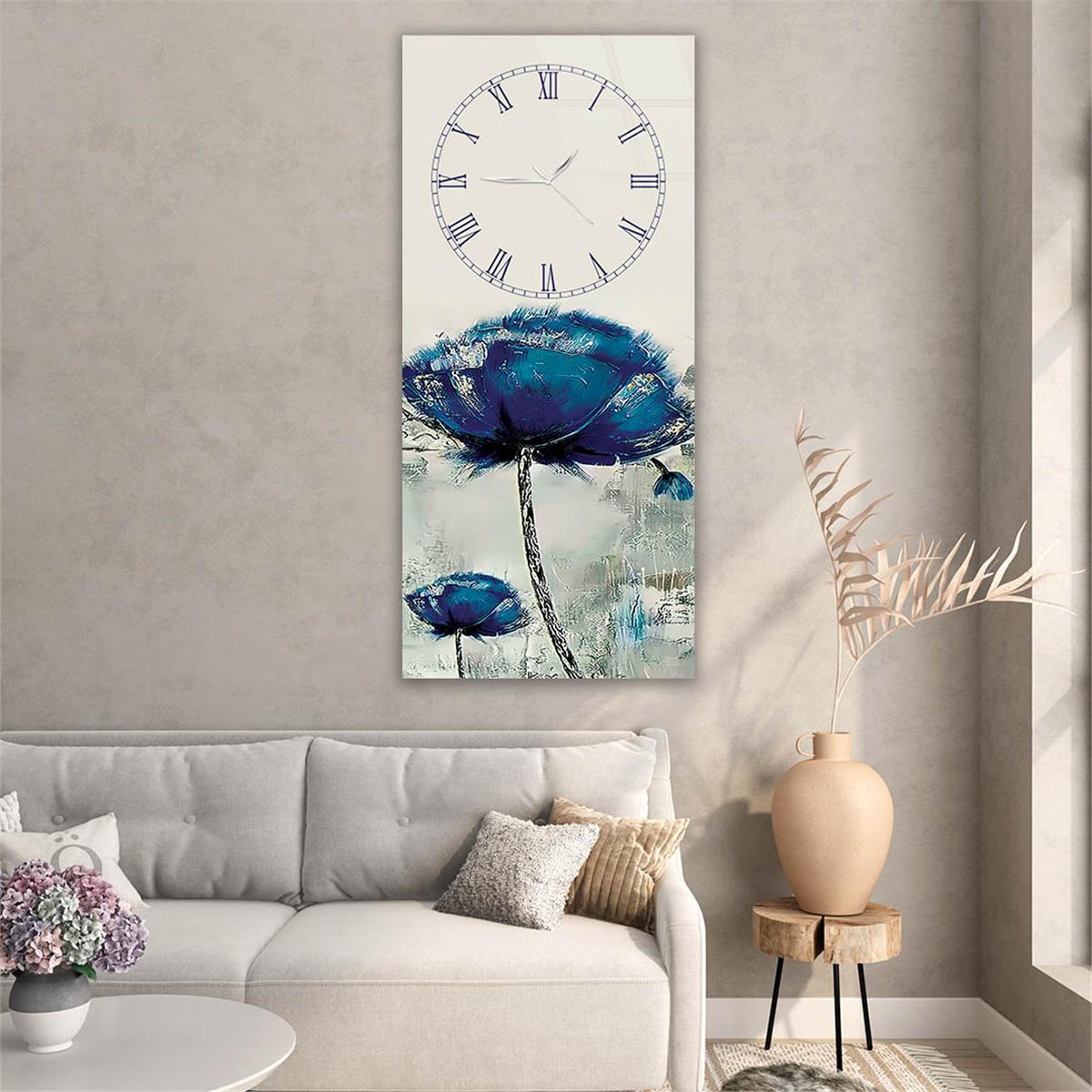 Dikey Üstten Saatli Sanat Temalı Cam Tablo 075