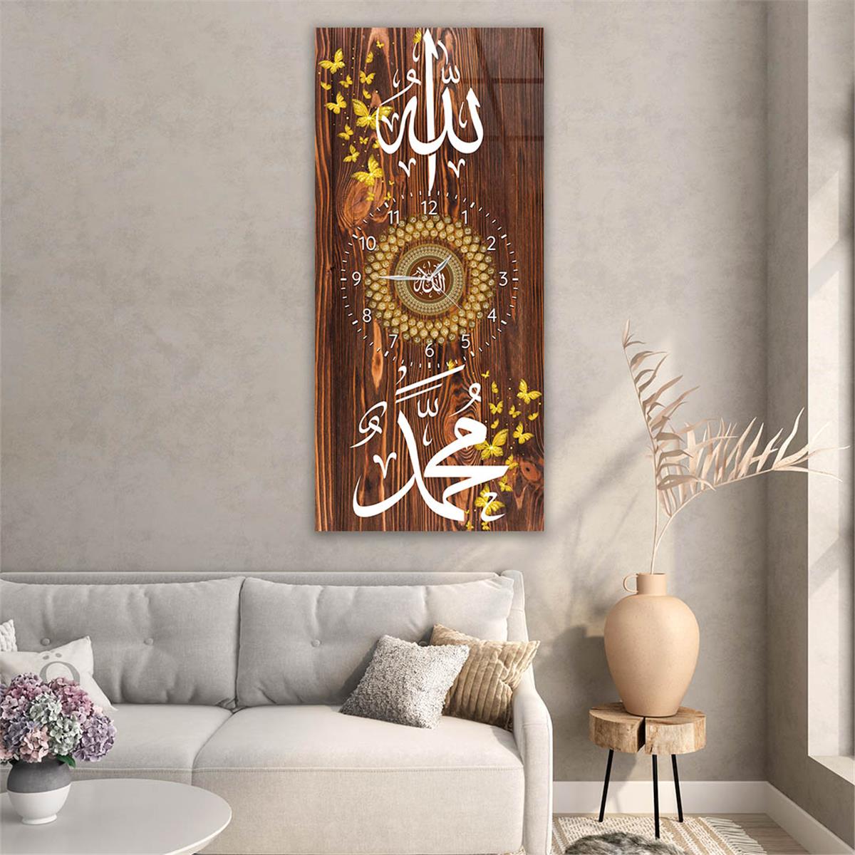 Vertical Religious Themed Glass Wall Art with Clock at the Center 018